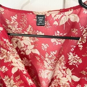 SHEIN Red and Cream Floral V-Neck Dress